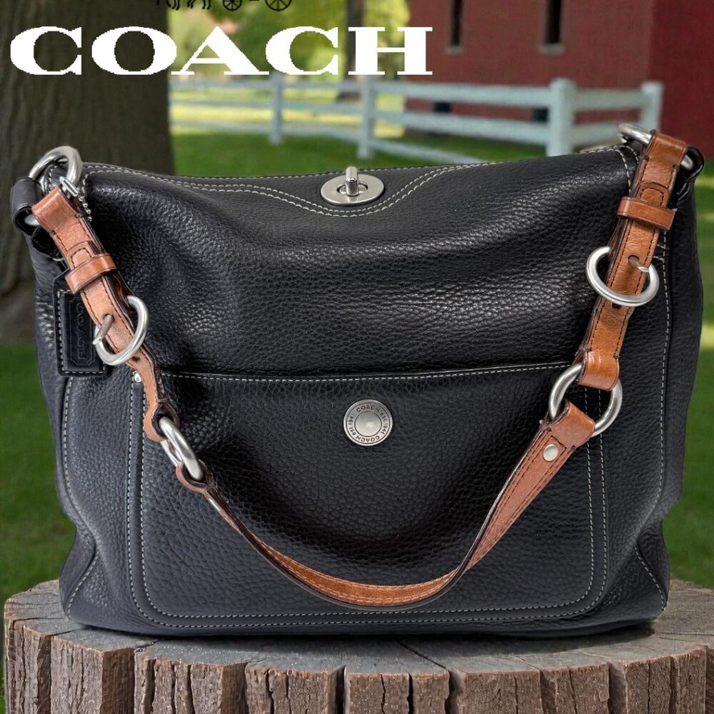 Coach  Vintage Chelsea Hobo Shoulder Bag Black Pebbled Leather Brown Strap 10132